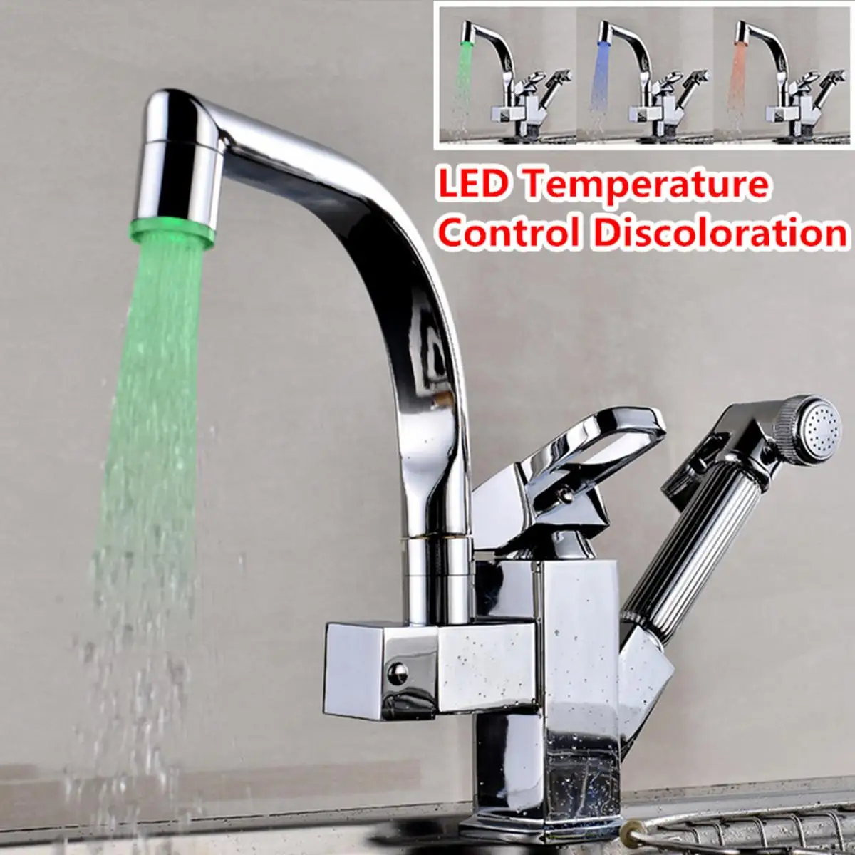

Kitchen Faucet Mixer Tap Single Handle Two Swivels Spouts Kitchen Hot Cold Water Tap Pull Out Flushing Spray Tap LED Light