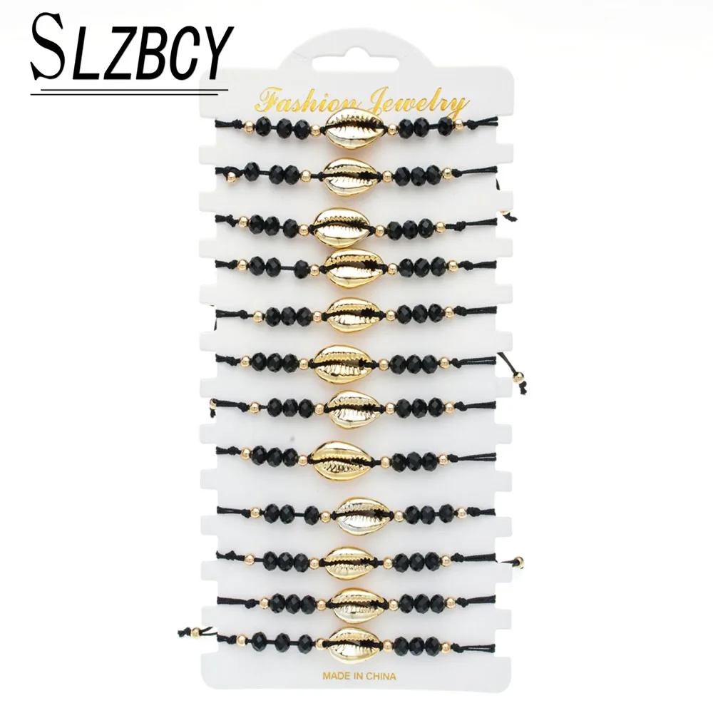 

12 pcs/lot Gold Color Shell Charm Bracelets Handmade Braided Black Crystal Bracelet Adjustable Wristband Fashion Women Jewelry