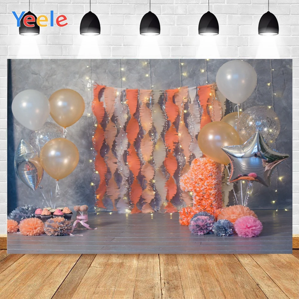 

Yeele Baby Birthday Wood Vinyl Flooring Balloon Ribbon Background Photophone Photography Photo Studio for Decor Customized Size