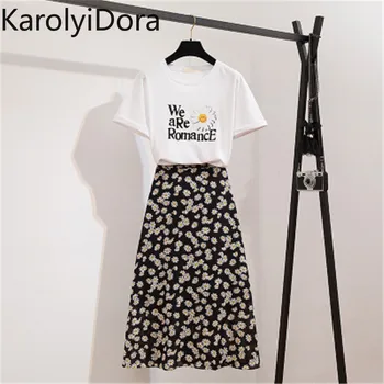 

fashion flowers print skirt suit 2020 summer 2 piece set white letter Tshirt a-line floral big swing long skirt ladies set