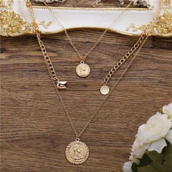 

Bohemian Vintage Paper Clip Portrait Coin Necklace Engeaved Medallion Multi Layered Pendant Necklace for Women Collier Collares