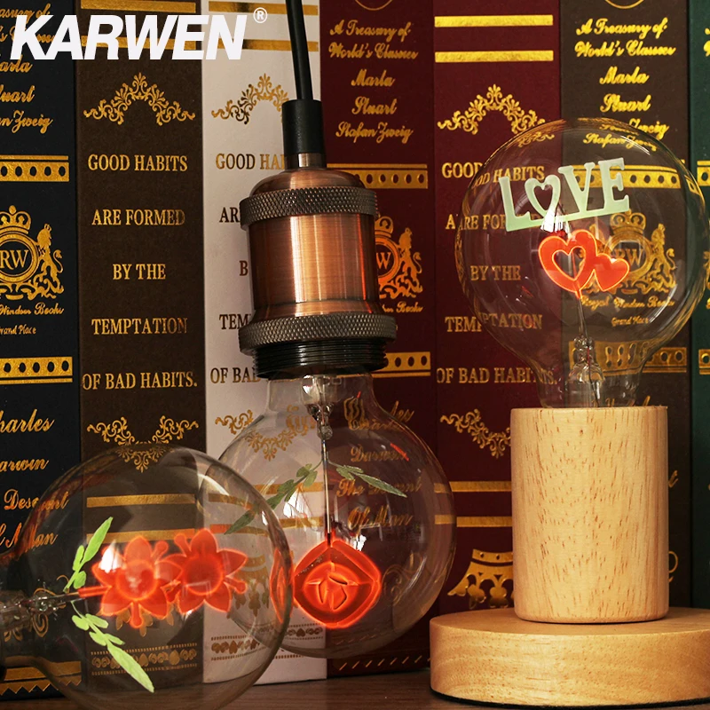 KARWEN vintage Edison ampoule E27 veilleuse G80-Rose & Flower & I-Love-You vacances mariage décor de noël pour suspension