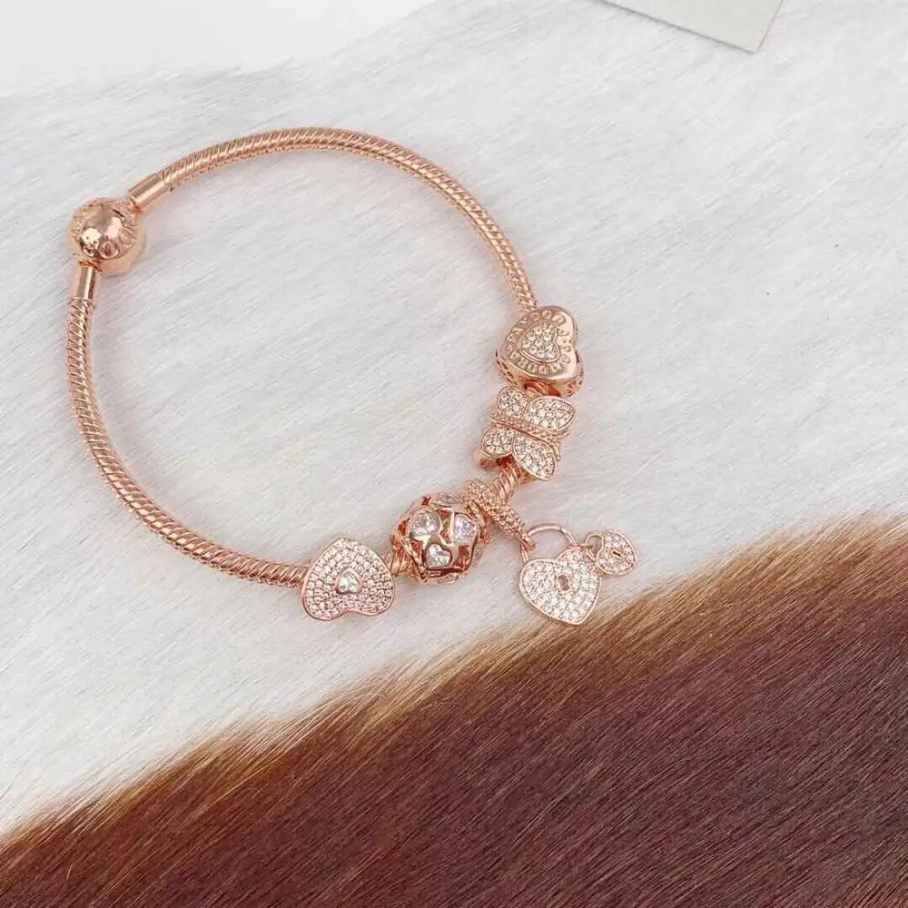 

Kristie Store High Quality 1:1 100% 925 Pure Silver Rose Gold Diamond-Encrusted Heart Print Bracelet Free Of Charge