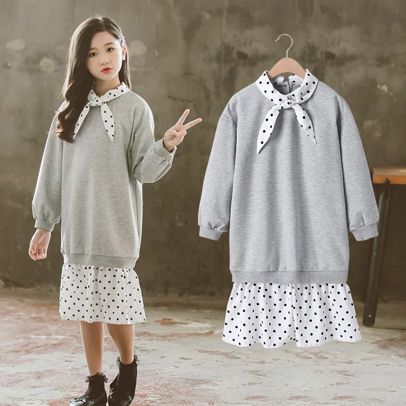 Платье для девочек коллекция года, осенне-зимние корейские повседневные короткие детские платья в горошек с длинными рукавами для подростков 6, 8, 10, 12, 14 лет