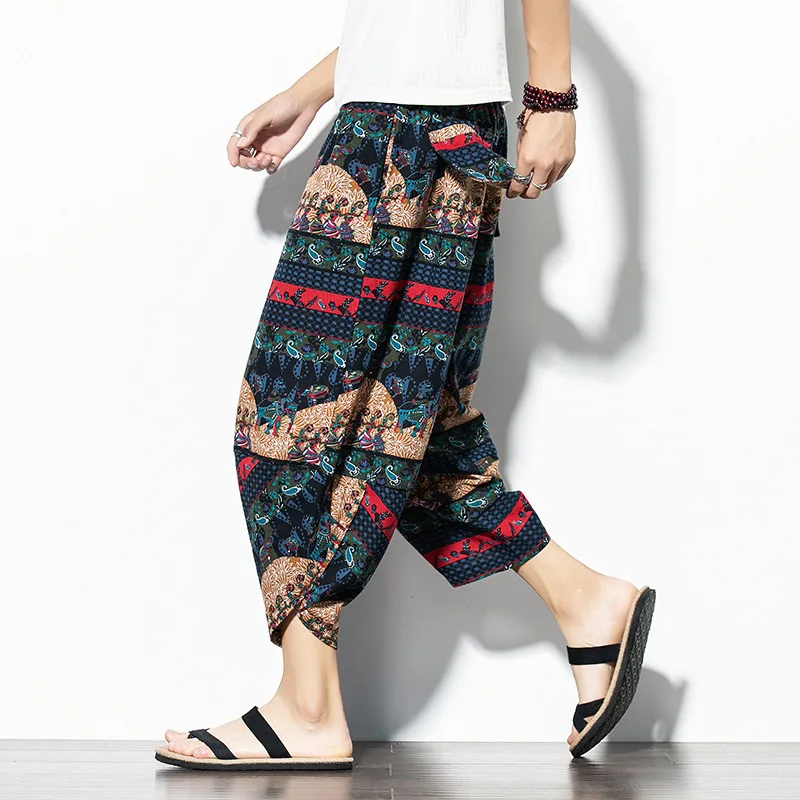 

2019 Summer Men's Trend Chinese-style Teenager Literature And Art Flax Baby Elephant Printed Nation Capri Pants Harem Pants