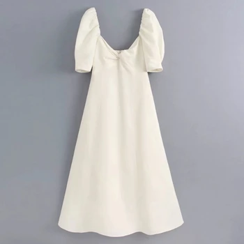 

New Women holiday wind knotted casual slim midi Dress ladies puff sleeve chic linen vestidos back zipper party Dresses