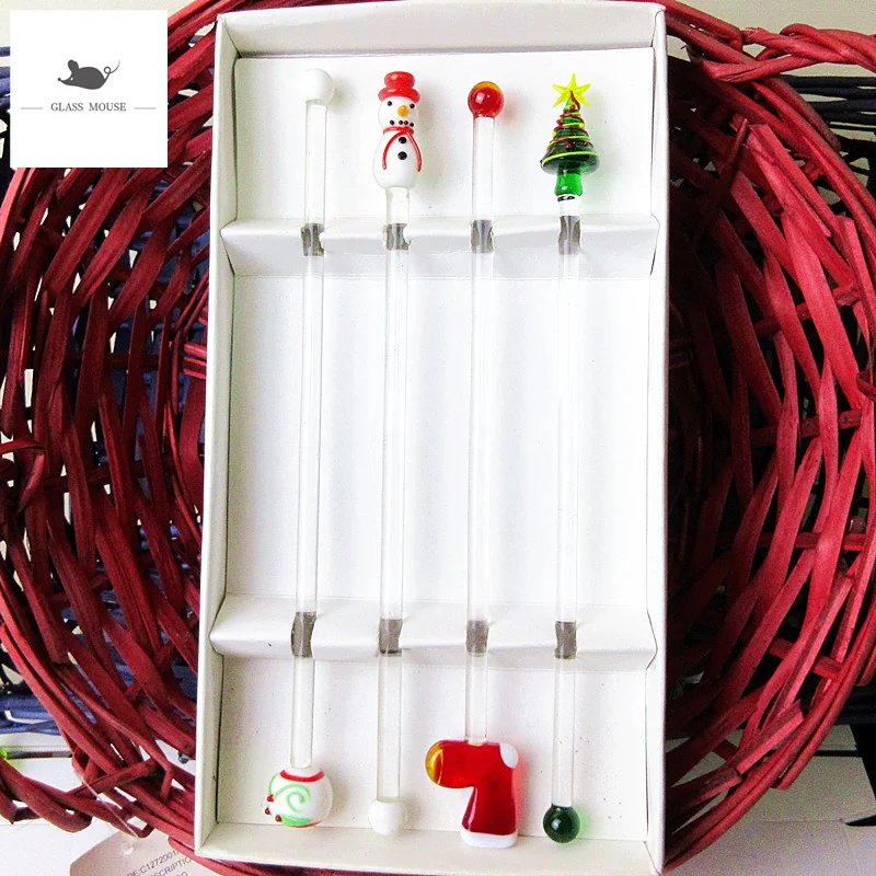 Murano style handmade glass Christmas tree head Figurines accessories Cocktail Stirrer Swizzle Stick coffee stirrer Wine Mixer