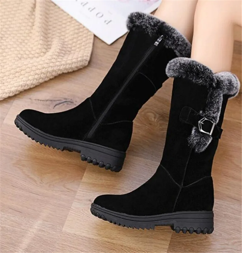 New Winter Fashion Boots Scrub Cowhide Rabbit Fur Women Snow Boots Flat Wedges Non-slip In-tube Boot Women Leather Shoes Boots