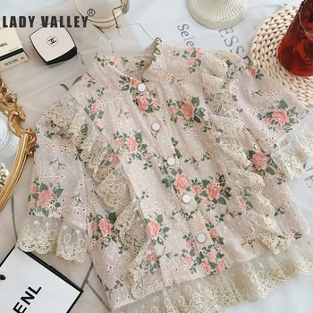 

Free shipping heavy craft embroidery flower pattern frill short-sleeved retro shirt ladies summer new personality wild top