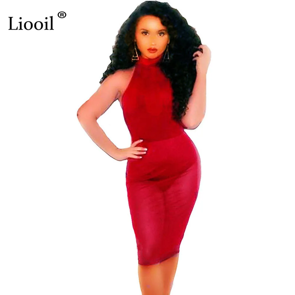 Liooil, сексуальное, прозрачное, Сетчатое, облегающее, миди платье, для женщин, без рукавов, Холтер, открытая спина, прозрачные обтягивающие платья, для женщин, вечерние, для ночного клуба