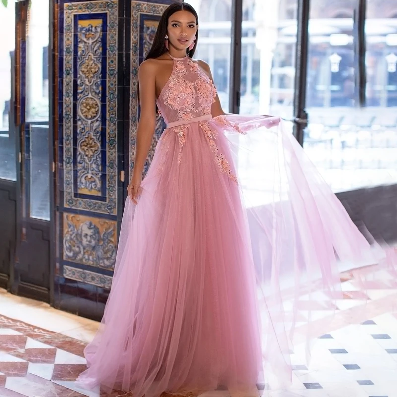 

New Design Halter Appliques Lace 3D Flowers A-Line Tulle Prom Dress Evening Gown vestido formatura longo
