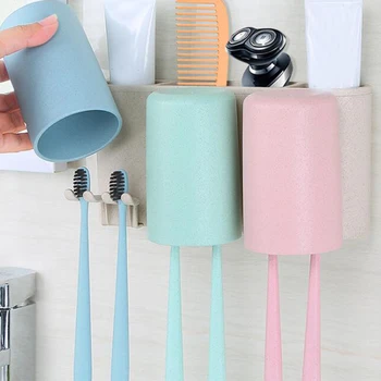 

Toothbrush Holder Bathroom Accessories Set Cup Wall Mount Toothpaste Storage Box Dust-proof Toothbrushes Shelf Storage Rack