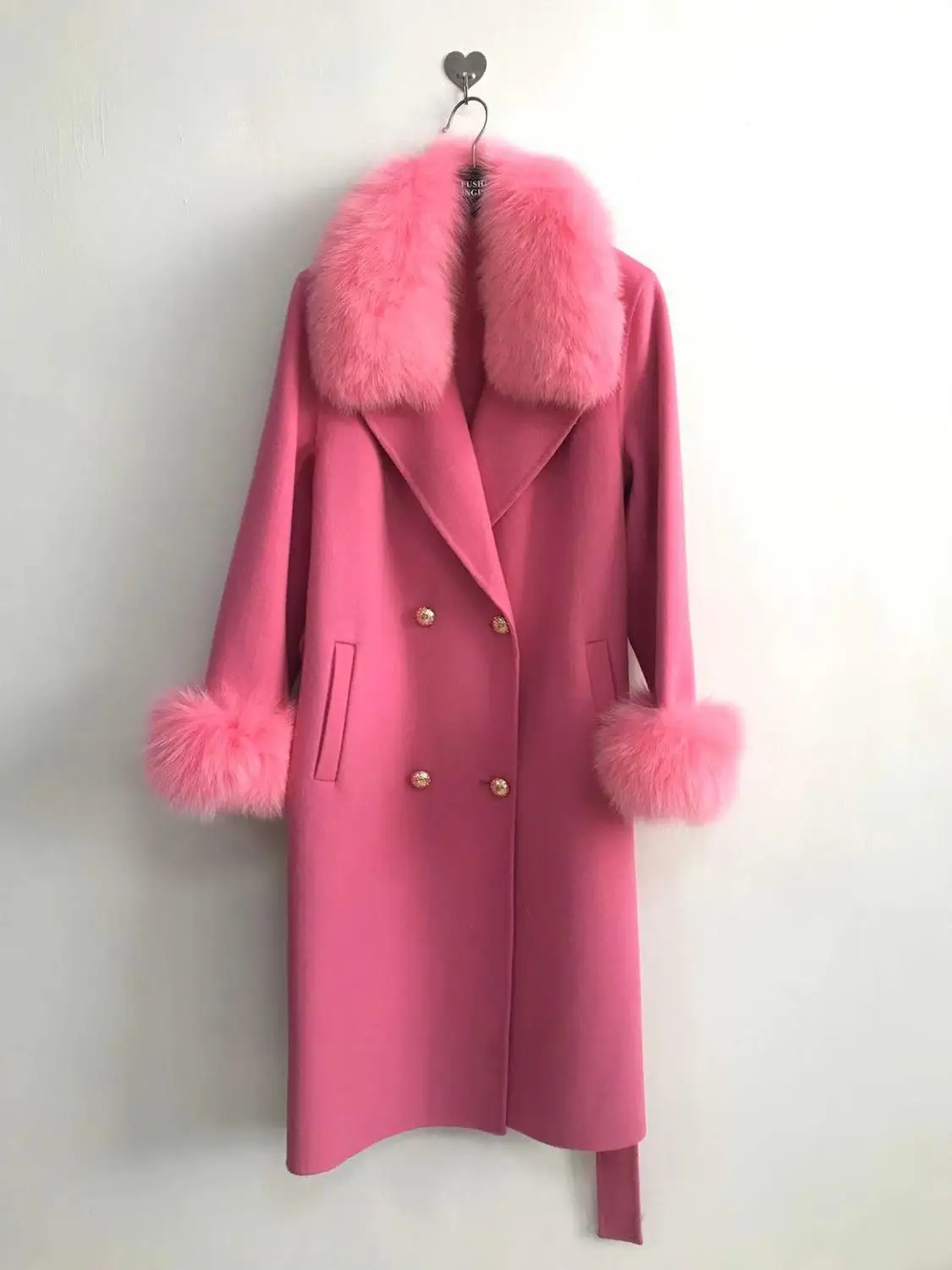 pink QIUCHEN PJ19100 Новое поступление Высококачественная кашемировая Женская куртка с воротником из натурального Лисьего меха и манжетами модная модель - Цвет: pink