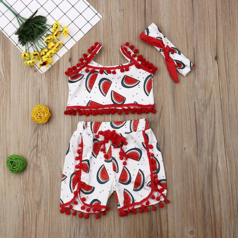 

New Toddler Baby Girls Clothes Watermelon Print Sling Top+Shorts+Headband Casual Tassels Outfit Set 3PCS