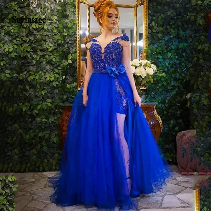 Vinobraní královský modrá štěrbinou strana dlouhé soumrak šaty 2021 perly krajka 2 kousky žena formální večírek šaty nestandartní vyrobené ples gowns