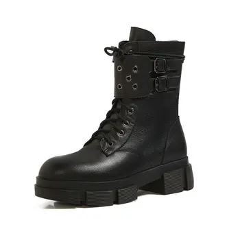 

Genuine Leather Women Ankle Boots Punk Motorcycle Boots thick heels Autumn Winter buckle Party Shoes Woman Female Short Boots