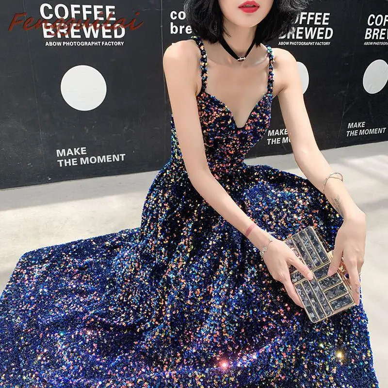 

FENGGUILAI 2020 New Noble Sexy Bra Off Shoulder Retro Geometry Sequin Female Reflective Dress Floor Length Party Elegant Dress