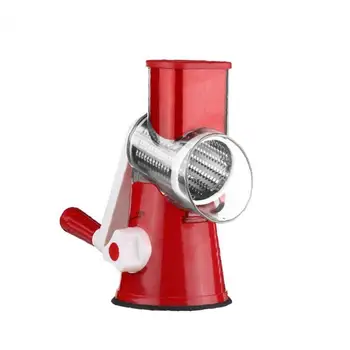 

Manual Hand Speedy Fruit Salad Maker Vegetable Fruit Cutter Rotating Drum Grater Food Slicer 3 Round Stainless Steel Blades Red