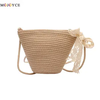 

Women Small Bucket Shoulder Bags Straw Woven Summer Beach Crossbody Messenger Pouch Ladies Girls Holiday Lace Bowknot Handbag