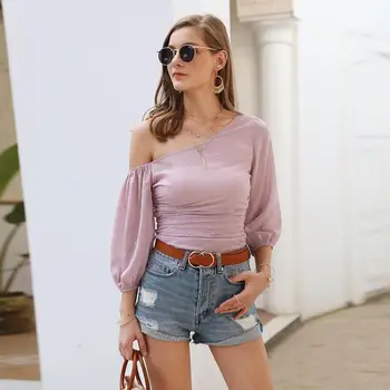 

Retro Mesh Sequins Crop Shirt for Women V Neck One Shoulder Solid Color Perspective Mesh Blouse Ladies Mesh Tops #20