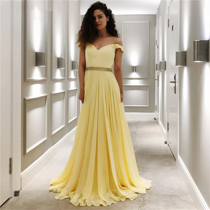 YellowOffShoulderPromEveningDresses2022SexyVNeckALine