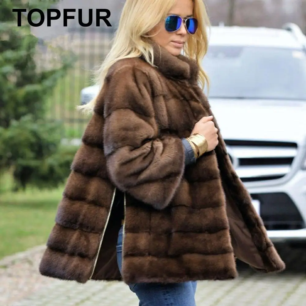 TOPFUR зимняя короткая шуба из натурального меха на заказ женская шуба из натурального меха норки Женская Шуба с длинными рукавами и воротником-стойкой