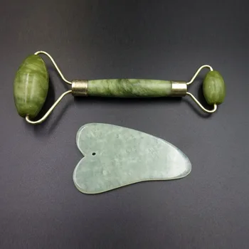 

2 in 1 Green Roller and Gua Sha Tools Set by Natural Jade Scraper Massager with Stones for Face Neck Back and Jawline