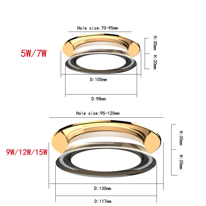 embutida de luxo, 5w, 7w, 9w, 12w, para áreas internas