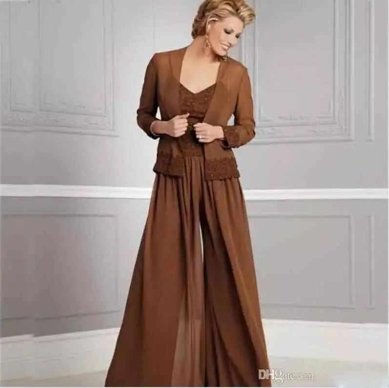 

Vintage Chiffon Pants Suits For Brides V Neck Spaghetti Party Evening prom gown 2018 mother of the bride dresses With Jacket