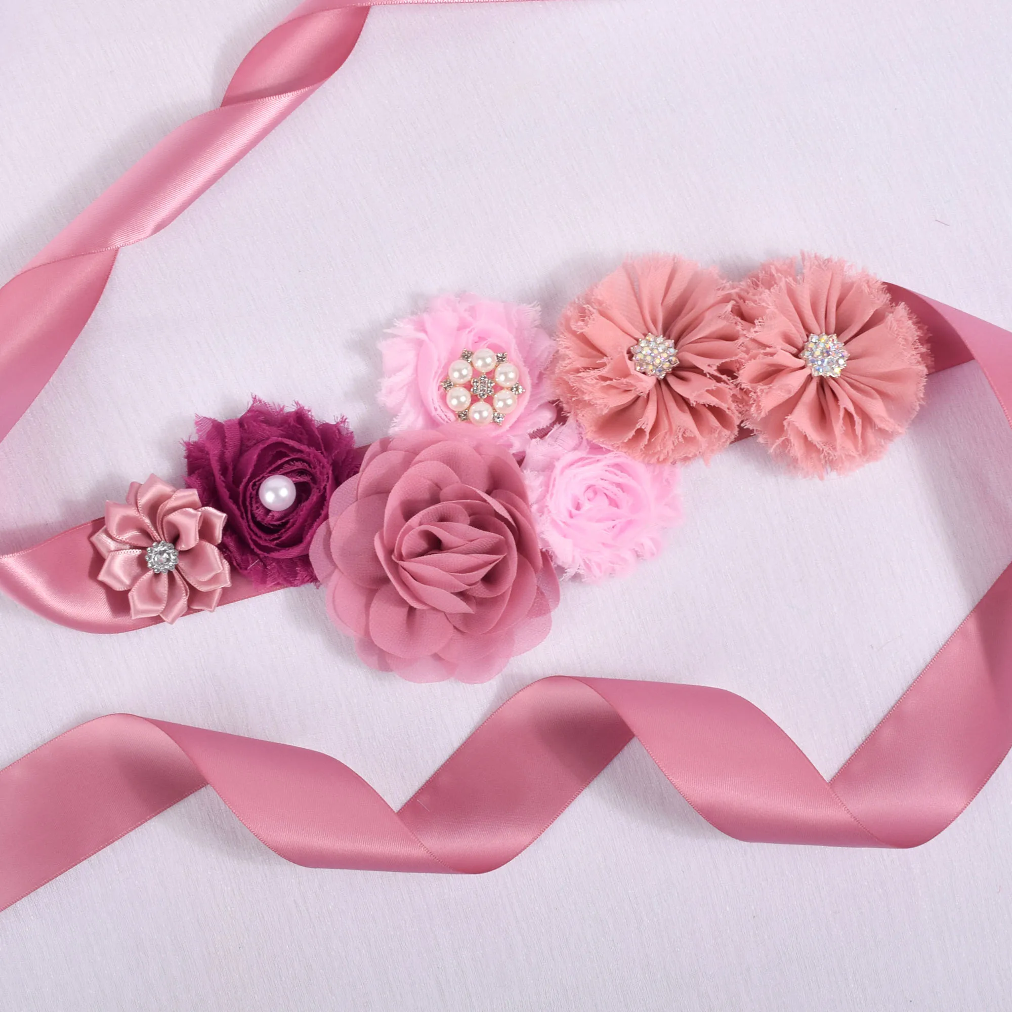 Purtulle Maternity Sash Women Dusty Rose Flower Sash Pregnancy Belly Belt Bridal Ribbon Cummerbunds Wedding Dress Waist Belt