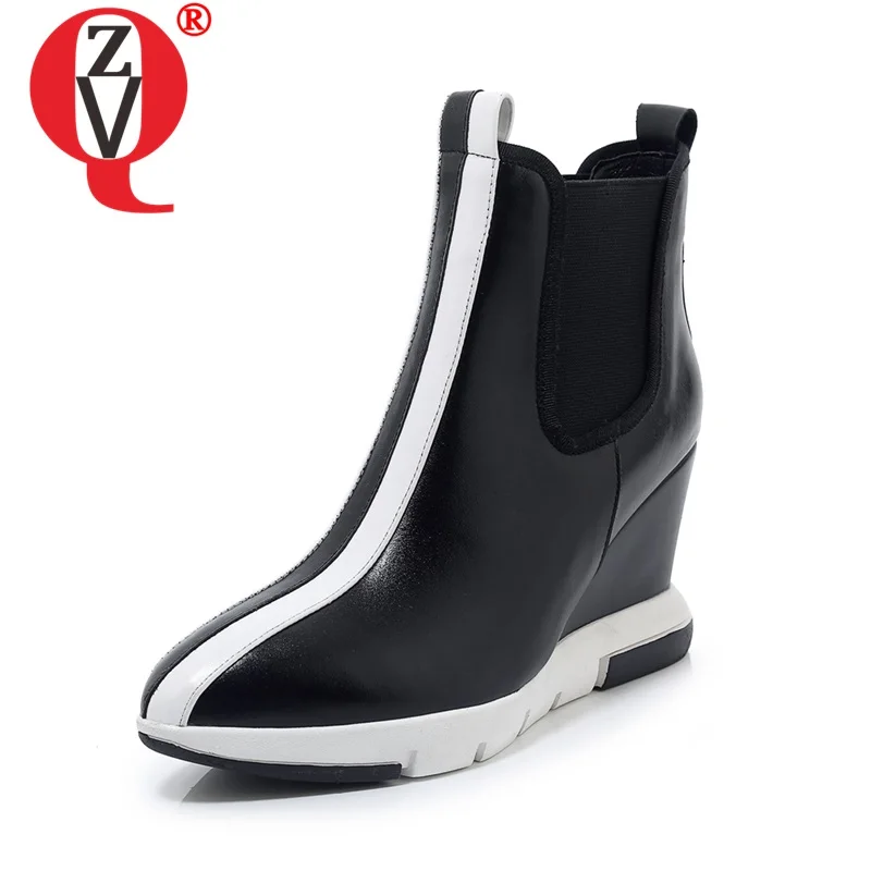 

ZVQ leather wedges boots pointed toe platform stripe pattern ankle boots buckle autumn winter high heels women's shoes boots