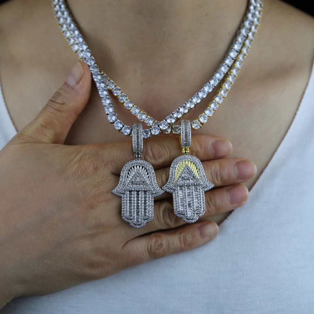 Iced out bling hamsa mão colar dois tons cor 5a zircão cúbico mau olhado  pingente hip hop turco sorte jóias para mulher - AliExpress, image size:1000x1000