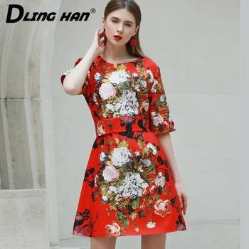 

LINGHAN Vintage Floral-Print Mini Dress Women's Fashion Diamond Button Short Sleeve Party Dresses Designer Spring Summer New
