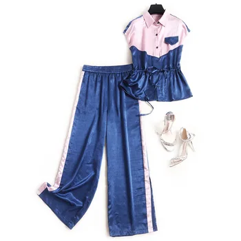 

Women's Clothings 2020 New Summer Turn Down Collar Satin Shirt Top + High Waist Wide Leg Pants Two Piece Sets Blue