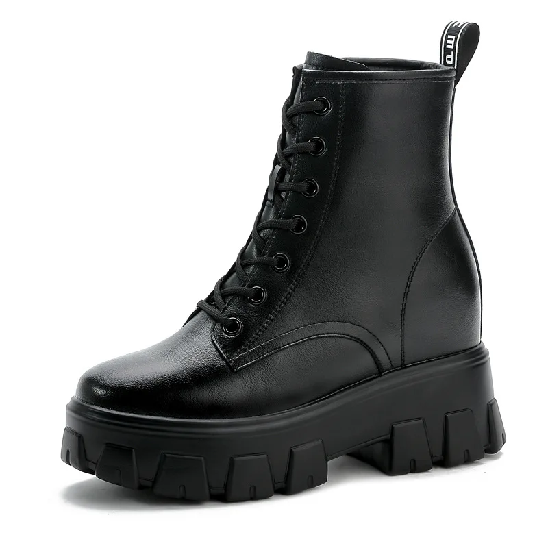 

2024 New Winter Genuine Leather Martin Boots Thick-sold Increased Within Female Short Boots Black Wild Warm Shoes Woman's Boots