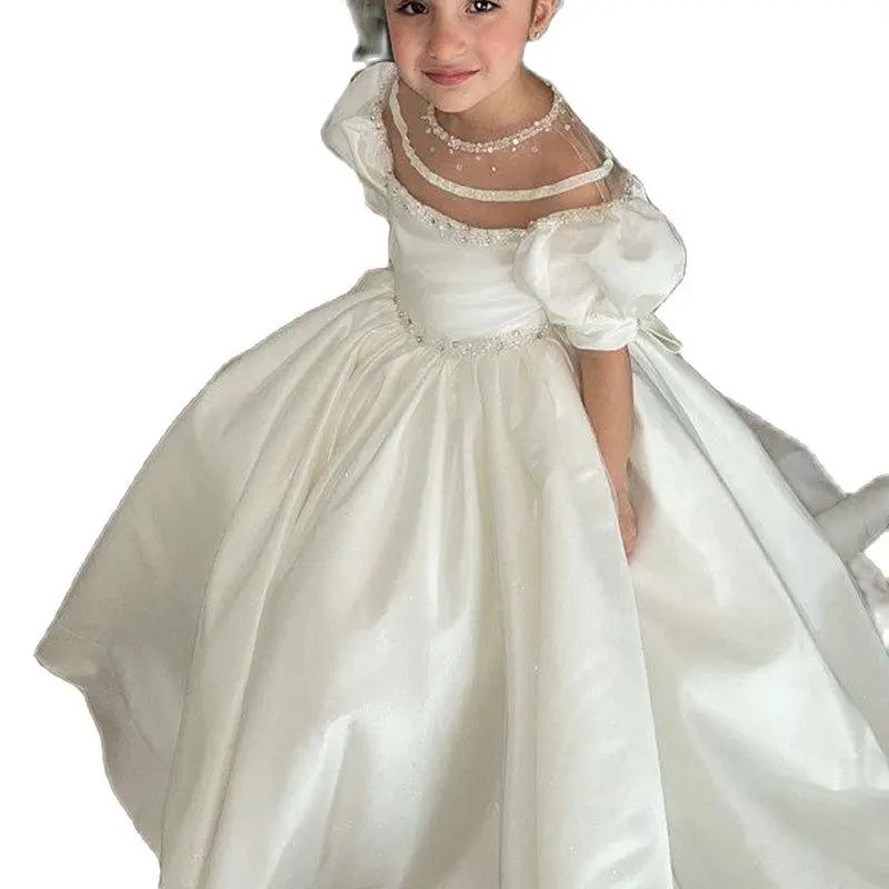 Beaded Sheer Neck Flower Girl Dresses Satin Short Sleeves Ball Gown Lilttle Kids Birthday Pageant Weddding Gown