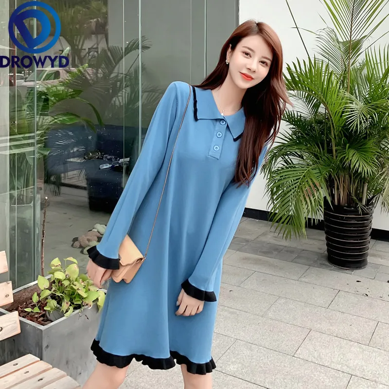 

Fashion Blue Knit Midi Dress Women Autumn Casual Long-sleeved Black Dress Elegant Vintage High Waist Holiday Club Party Dresses