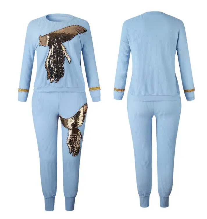 

Africa Women Winter Handmade Beading Sequined Pattern Long Sleeve Knitted Pullover Tops Trousers 2PCS Clothing Sets