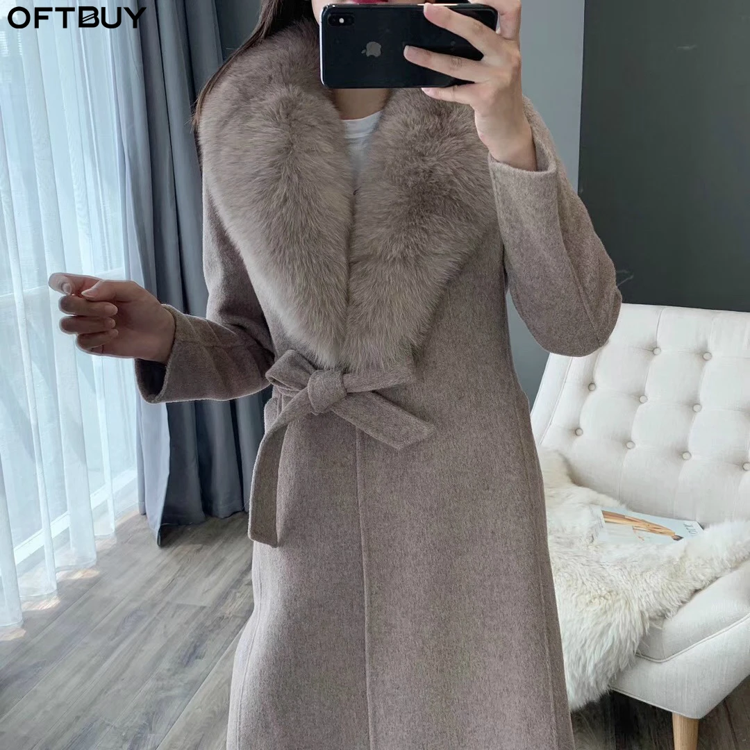 Женская кашемировая куртка OFTBUY длинная уличная с поясом и воротником из