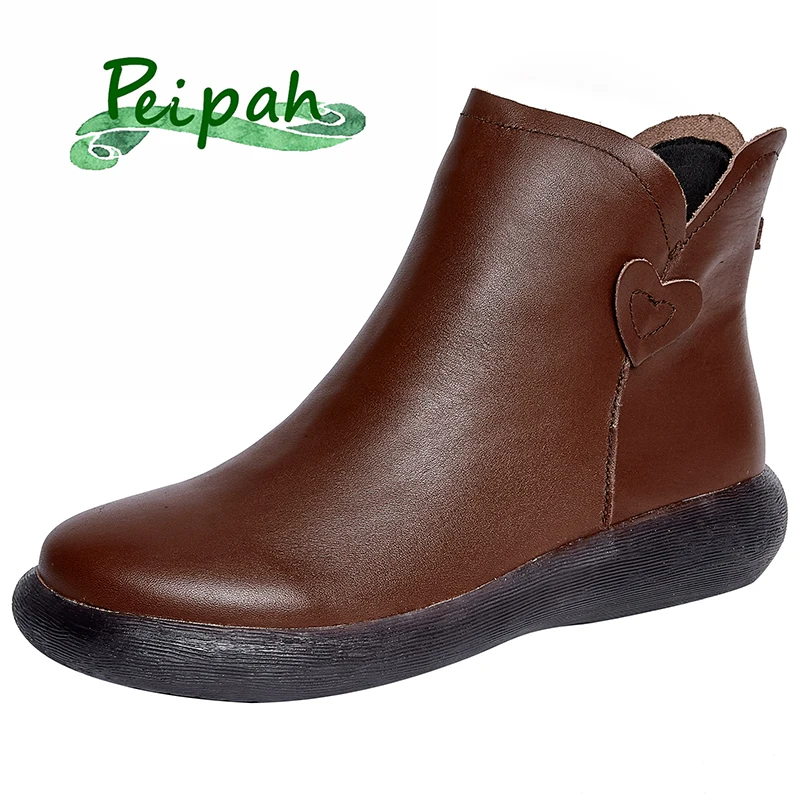 

PEIPAH Spring/Autumn Genuine Leather Women's Ankle Boots Female Flat With Zip Shoes Woman Retro Platform Boots Botas Mujer