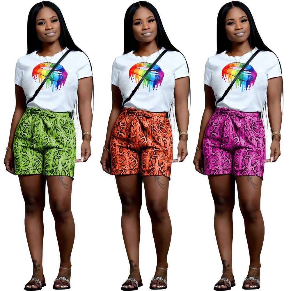 

Snake Skin Cartoon Printed Women T Shirt Suits Newest Girls Short Sleeves Top and Shorts Casual Club Sports Two Pieces Sets