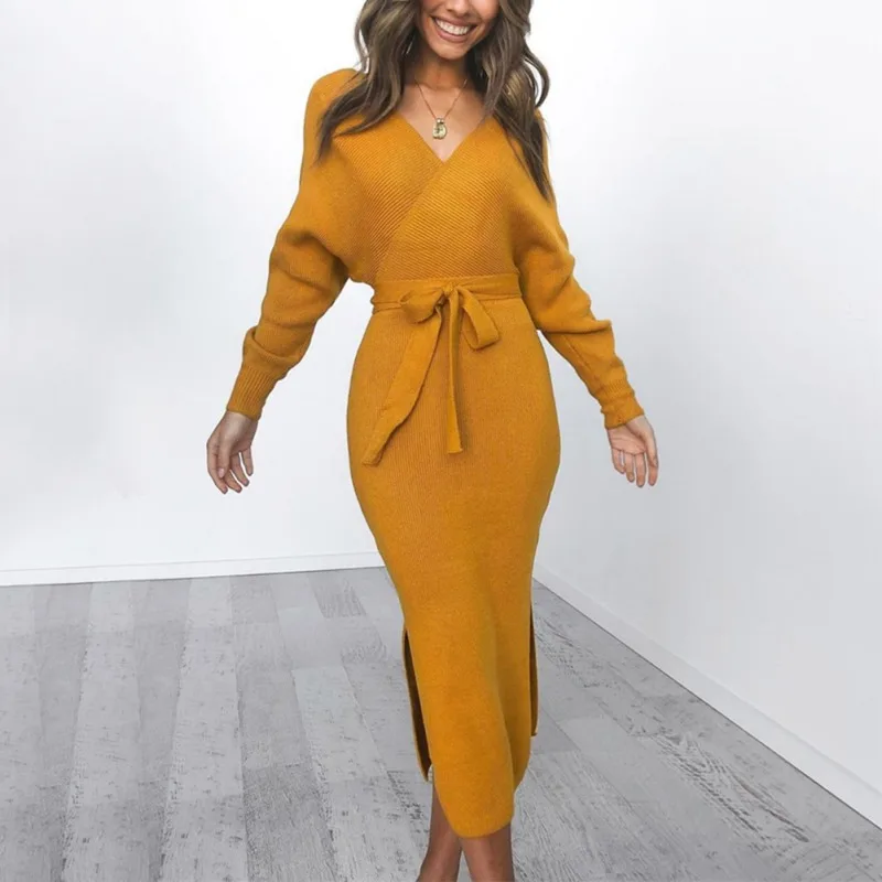 

Autumn Women Sexy Deep V Neck Dress Knitted Long Sleeve Low-cut Straps Elastic Tight-fitting Waist Belt Solid Color Dress