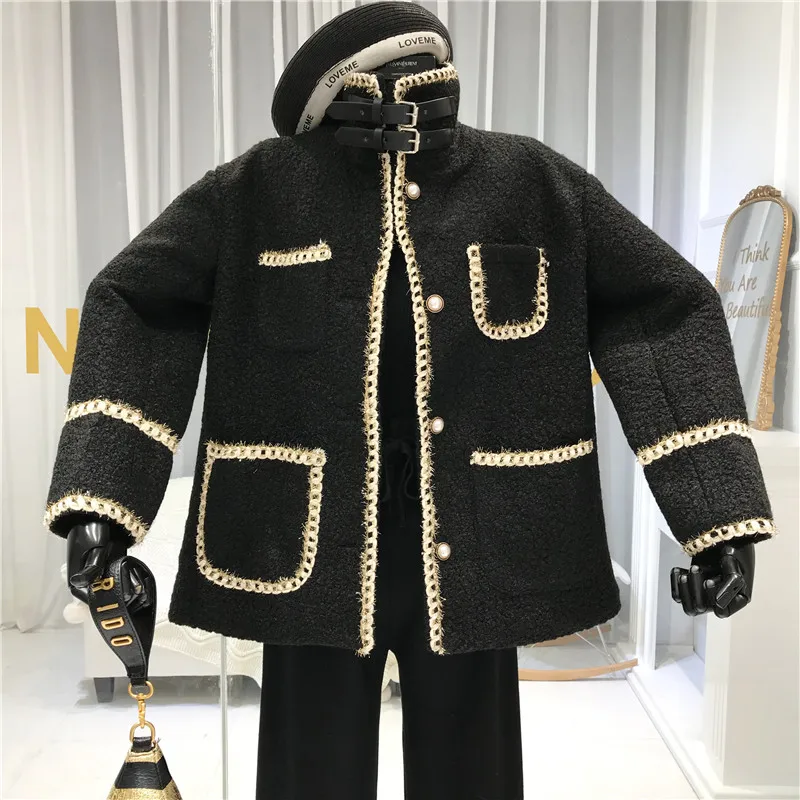 black SWEETXUE зима стиль женское платье-Стиль Ретро Шикарный карман с высоким воротником шерстяное пальто из овечьей шерсти модная повседневная женская куртка - Цвет: black