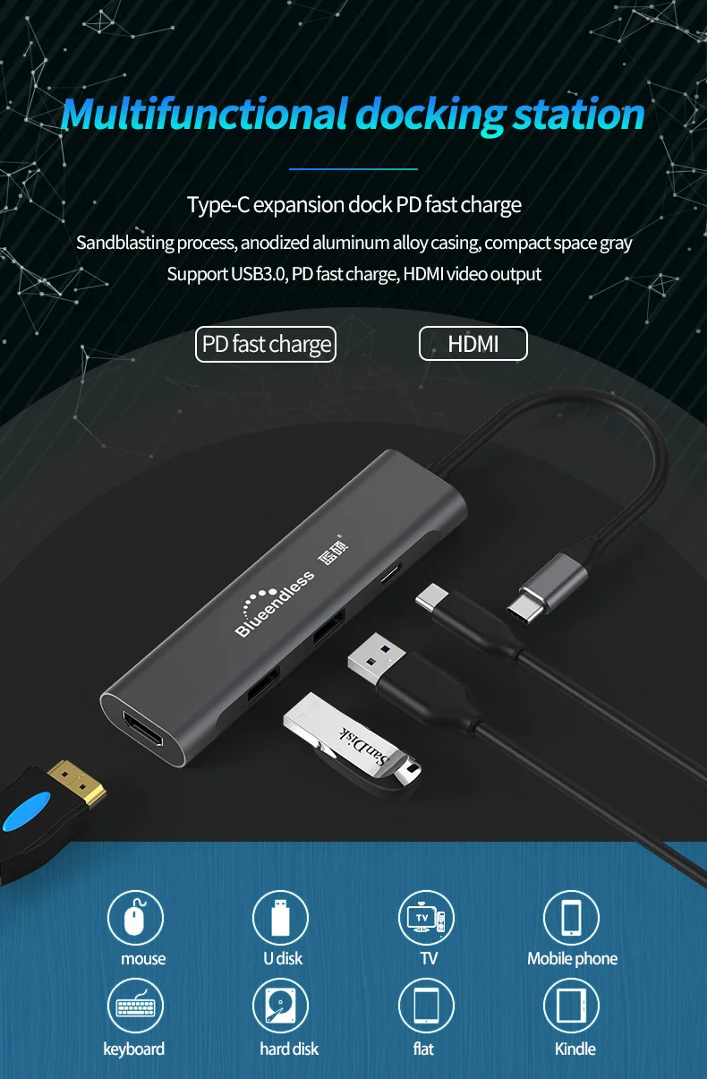 4 в 1 type-c док-станция USB 3,0 type C концентратор HDMI HD PD адаптер конвертер многофункциональный концентратор PD для MacBook Pro PD концентратор