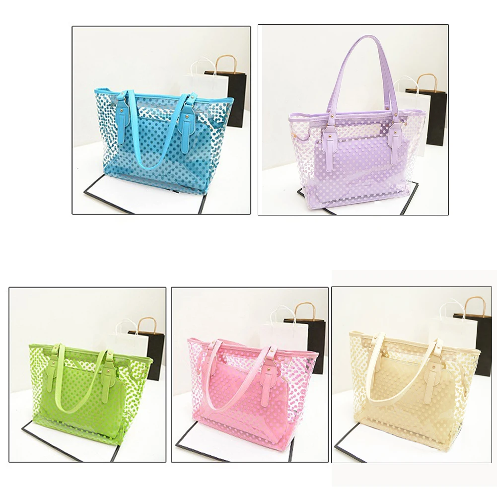 

Women Transparent Handbag Candy Color Round Dot Decor Compound Beach Shoulder Bag 2023 New Ladies Luxury Designer Tote Purses