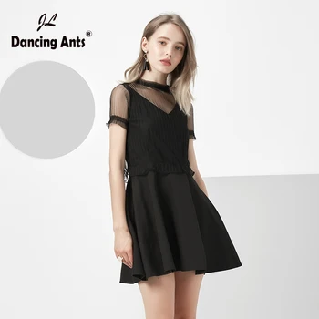 

Woman A-line Dress Short Sleeve V-neck Sexy Dresses Vintage Solid Hollow Out Backless Mesh-Patchwork Office Lady Short Dresses