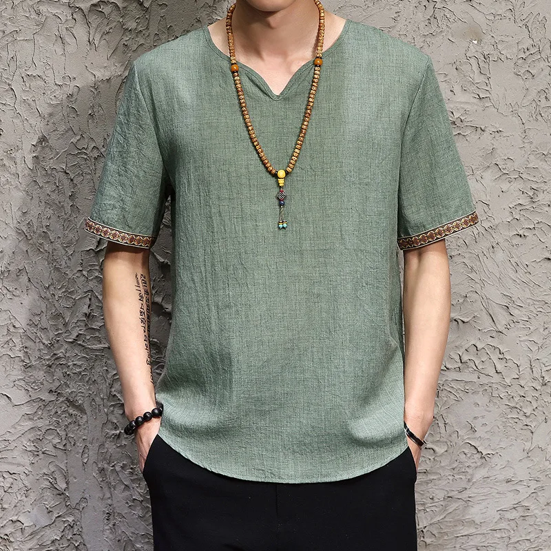

2018 Summer Style Run Chinese-style Solid Color V-neck Thin Cotton Linen Short Sleeve T-shirt Large Size Men's Cotton Linen