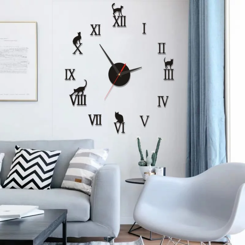 Modern Home Decor Wall Clocks Brief Roman Number Mirror Diy Clocks Digital Watch Quartz Living Room 3D Cat Design Wall Stickers