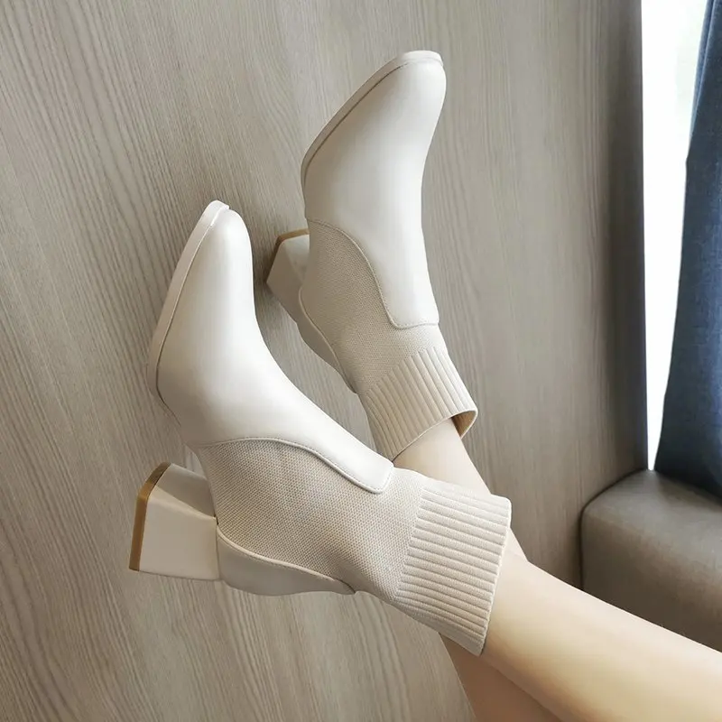 Square Heel Boots Women Fashion Ankle Boots Thick Heel Short Boots Women Stretch Fabric tube boots female women shoes Square Heel Boots Women Fashion Ankle Boots Thick Heel Short Boots Women Stretch Fabric tube boots female women shoes