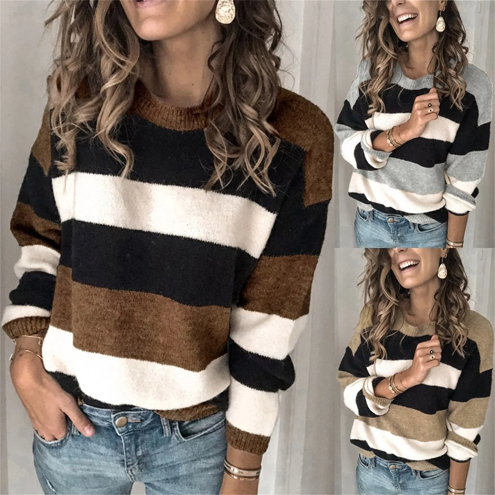 

Fashion Women Sweater Striped O Neck Long Sleeve Sweater Loose Knit Pullover Women Pullover Clothing свитера женские New Hot